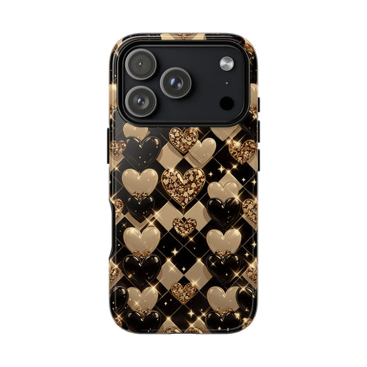 Valentine's Day phone case with gold hearts - Perfect gift for girlfriends with wireless charging compatibility
