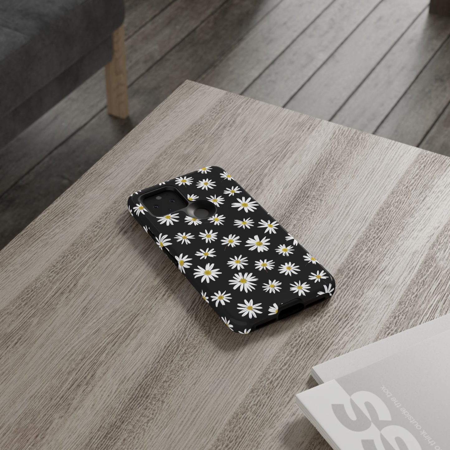 Coque de téléphone résistante à motif marguerites - Coque de protection florale noire pour iPhone, Samsung Galaxy et Google Pixel