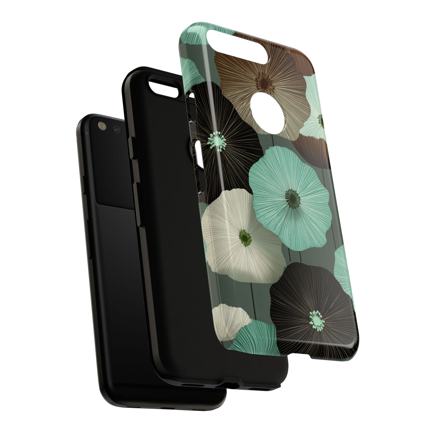 Floral Tough Phone Case - Teal & Brown Poppy Protective Cover for iPhone, Samsung Galaxy & Google Pixel