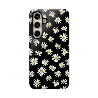 Coque de téléphone résistante à motif marguerites - Coque de protection florale noire pour iPhone, Samsung Galaxy et Google Pixel