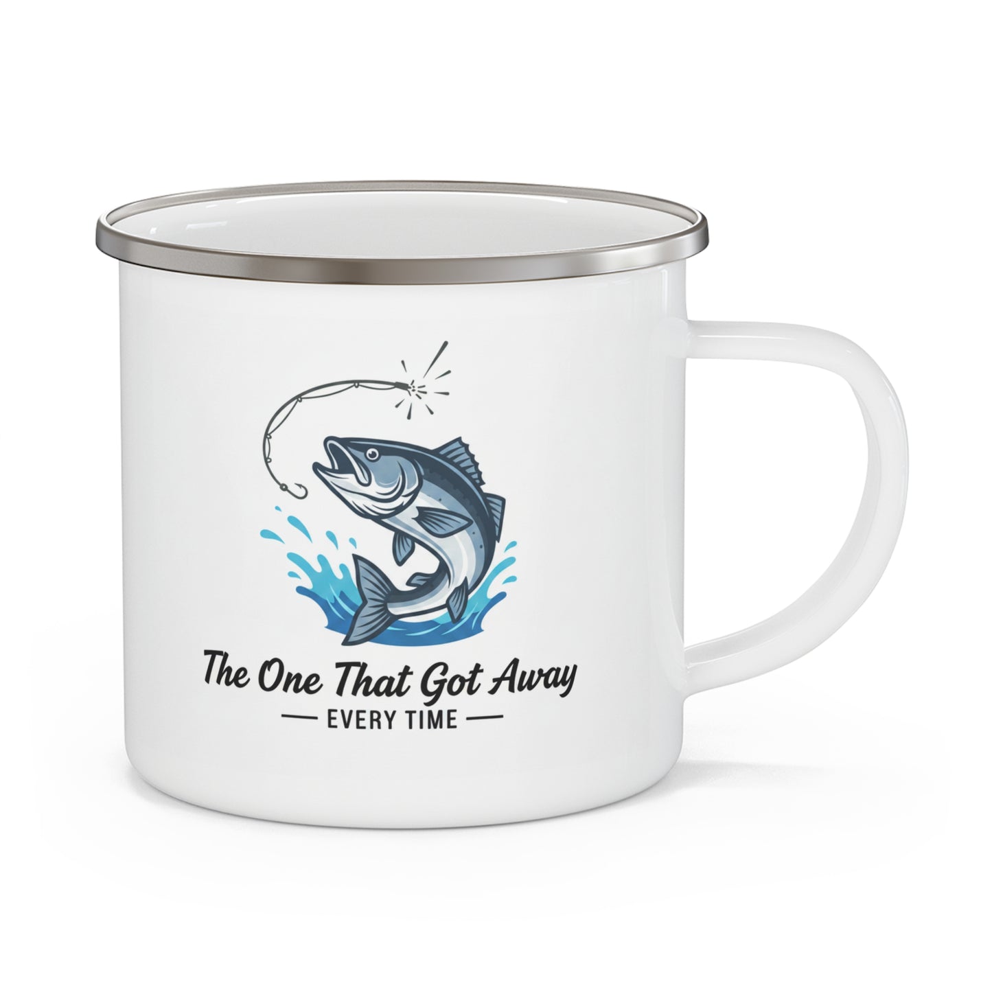 Emaille-Campingtasse „Der, der entwischte“ – Lustige Angel-Kaffeetasse