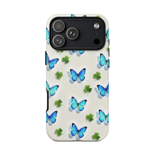 Schutzhülle für iPhone, Samsung Galaxy & Google Pixel mit Schmetterlings- & Glücksklee-Motiv — Robuste Schutzhülle mit blauem Schmetterlingsmuster