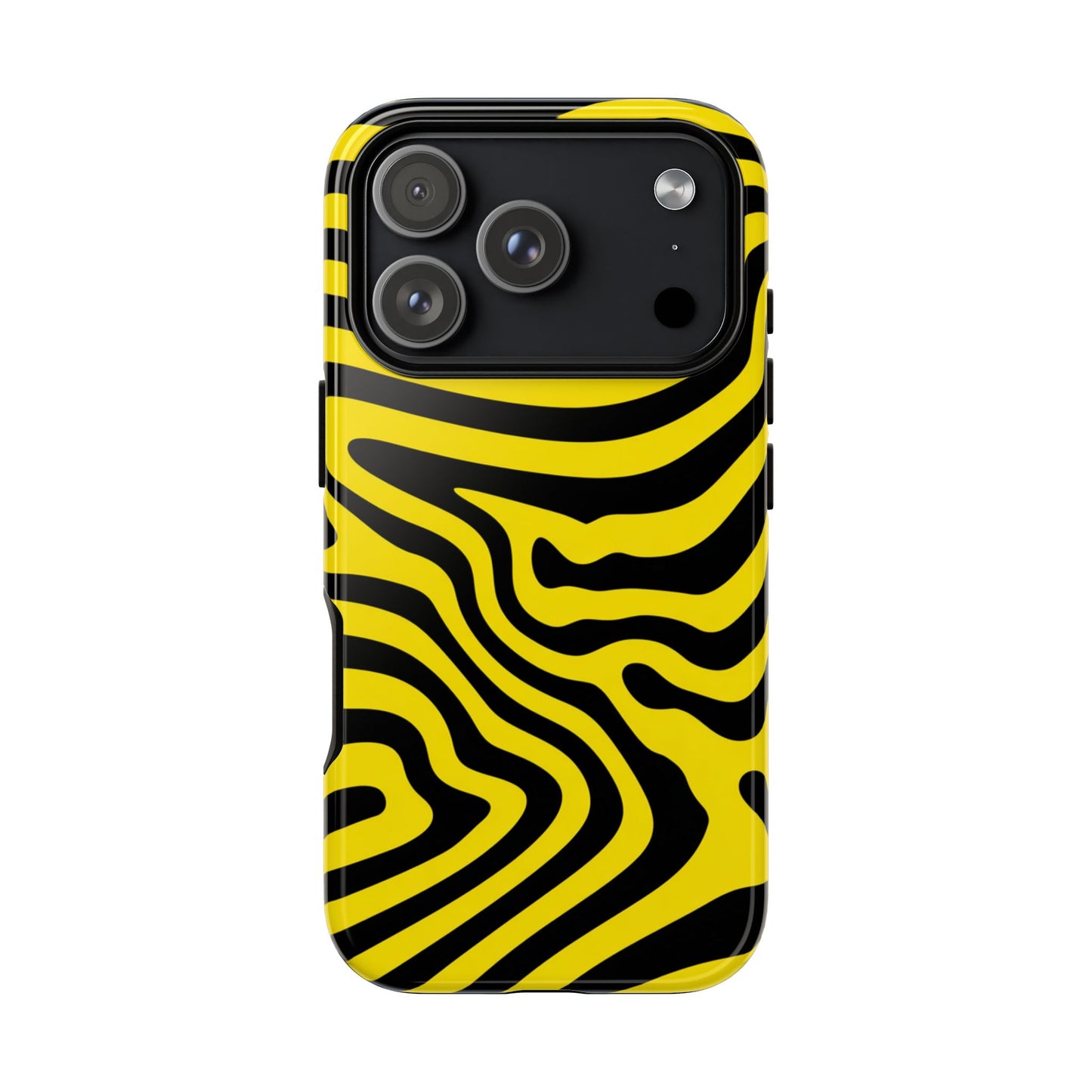 Psychedelic Groovy Wavy Lines Tough Phone Case with Yellow and Black Op Art Design - Compatible with iPhone 16 Pro, Samsung Galaxy S25 Ultra, and Google Pixel 7
