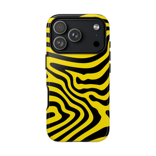 Psychedelic Groovy Wavy Lines Tough Phone Case with Yellow and Black Op Art Design - Compatible with iPhone 16 Pro, Samsung Galaxy S25 Ultra, and Google Pixel 7

