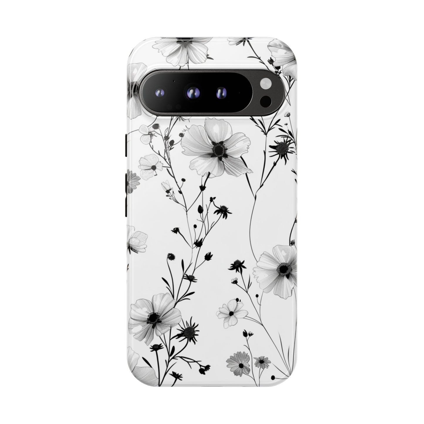 Blumen Tough Phone Case – Monochromes Schwarz-Weiß-Wildblumen Schutzcover für iPhone, Samsung Galaxy & Google Pixel