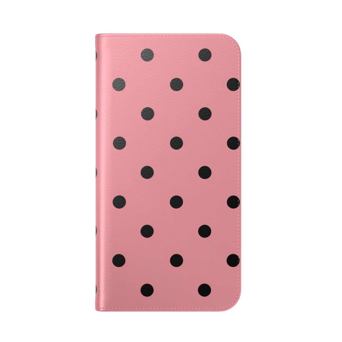 Premium faux leather flip phone case in pink polka dot pattern with dual-layer protection
