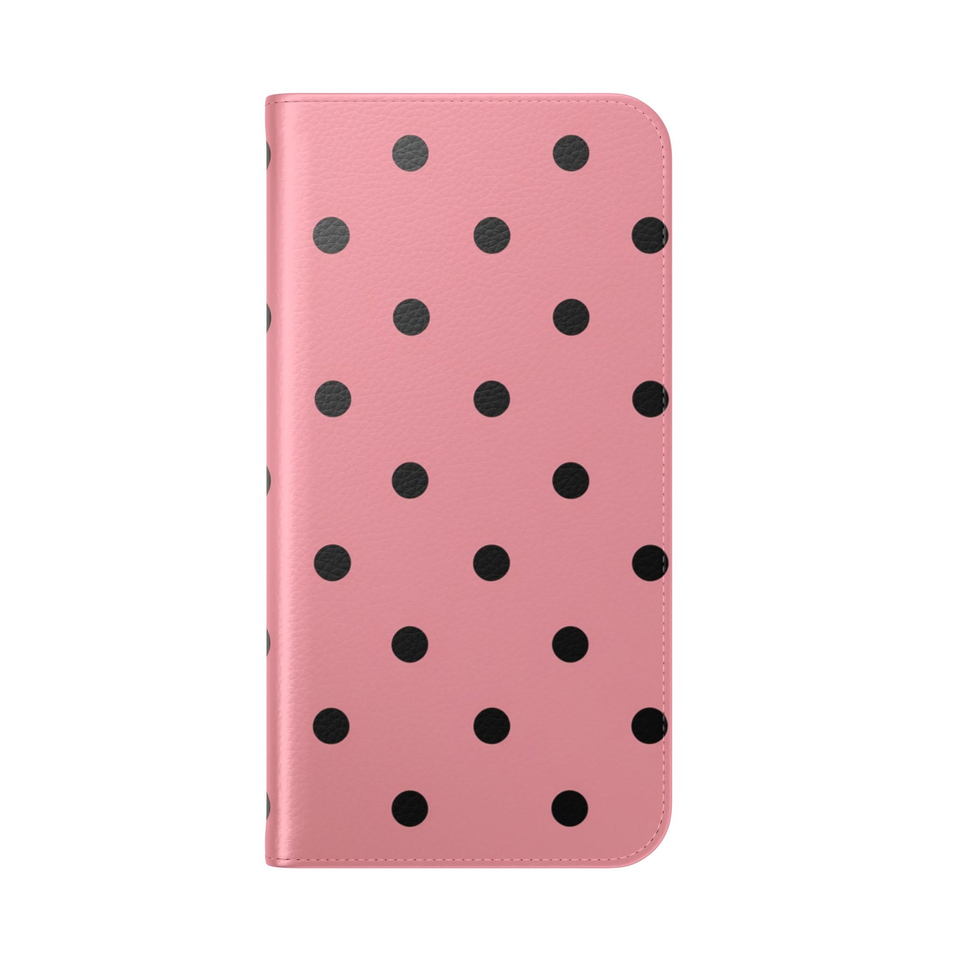 Premium faux leather flip phone case in pink polka dot pattern with dual-layer protection
