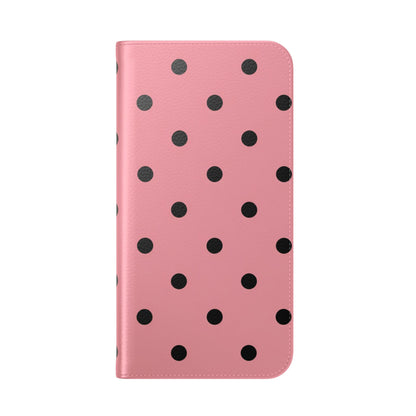 Premium faux leather flip phone case in pink polka dot pattern with dual-layer protection
