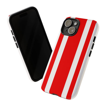Bold vertical stripe phone case in red and white featuring classic motorsport racing design aesthetic
