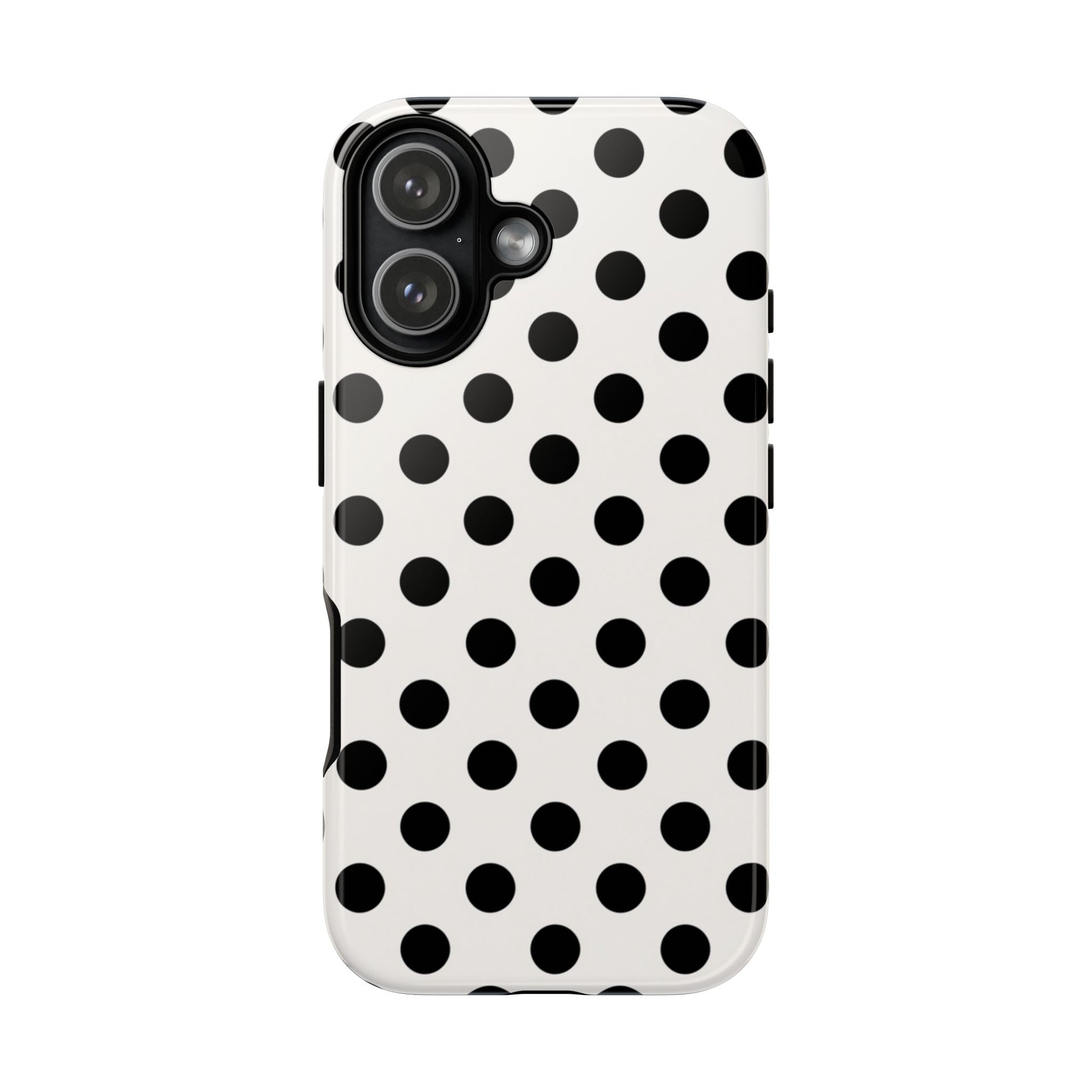 Black polka dot tough phone case with classic retro pattern on white background, dual-layer protection for iPhone, Samsung Galaxy, and Google Pixel
