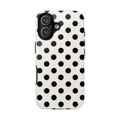 Black polka dot tough phone case with classic retro pattern on white background, dual-layer protection for iPhone, Samsung Galaxy, and Google Pixel
