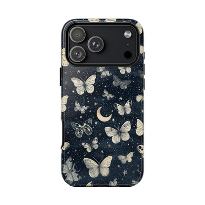 Funda protectora resistente con diseño de mariposa y luna - Diseño floral de cielo nocturno para iPhone, Samsung Galaxy y Google Pixel
