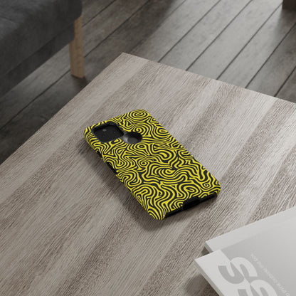 Bold abstract design protective case in yellow black showing hypnotic pattern for all phone models
