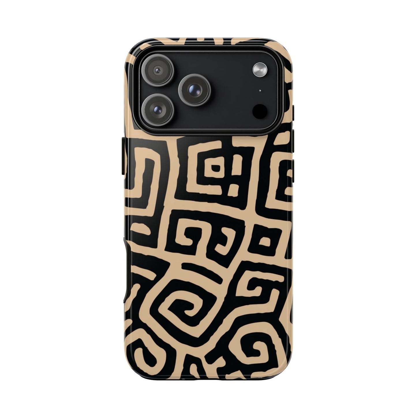 Afrikanisches Stammes-Labyrinth Handyhülle – Beige & Schwarz Geometrisches Muster Schutzhülle für iPhone, Samsung Galaxy & Google Pixel