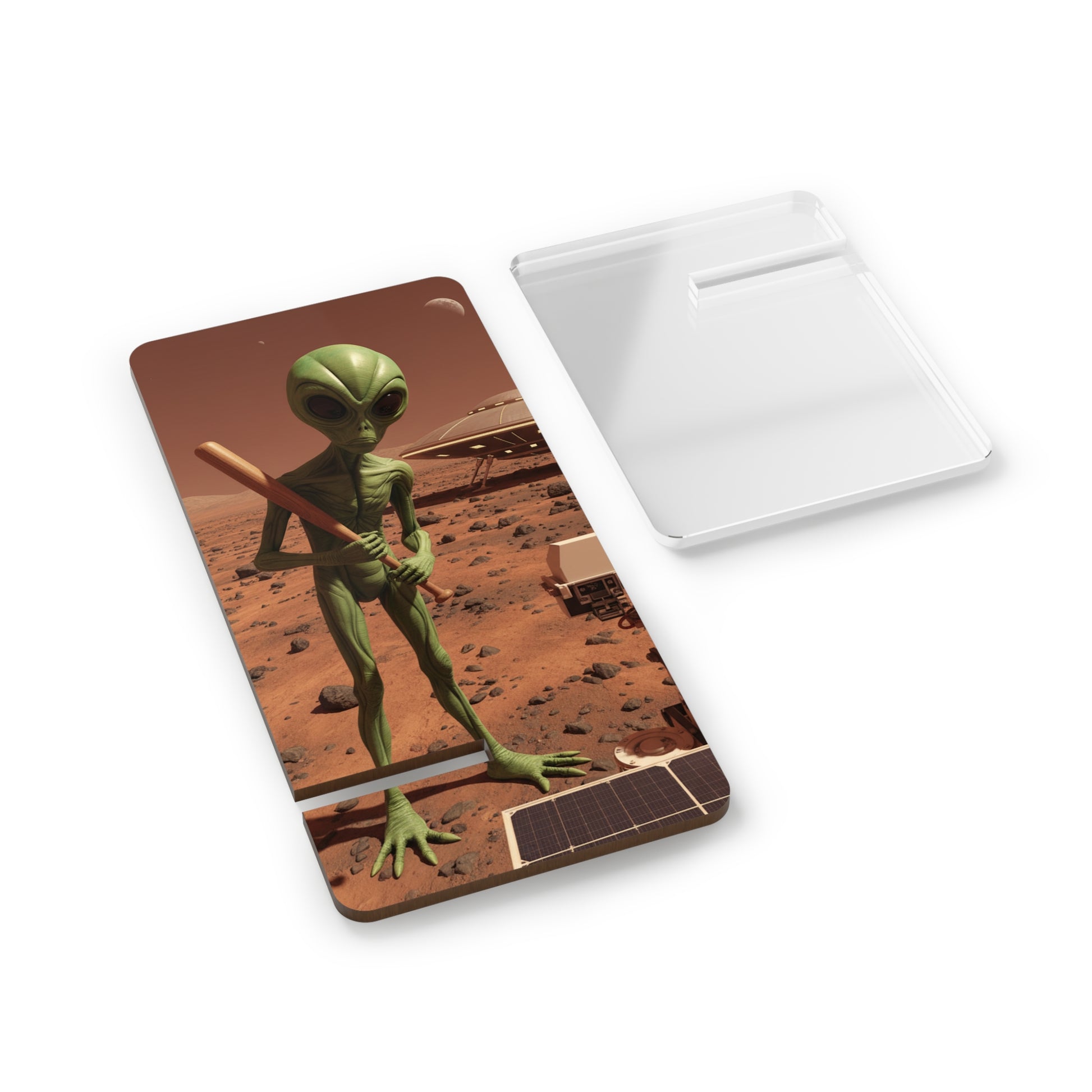 Mars Alien Phone Stand - Green Alien with Big Head Black Eyes Baseball Bat Mars Rover UFO Flying Saucer
