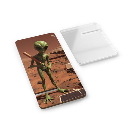 Mars Alien Phone Stand - Green Alien with Big Head Black Eyes Baseball Bat Mars Rover UFO Flying Saucer
