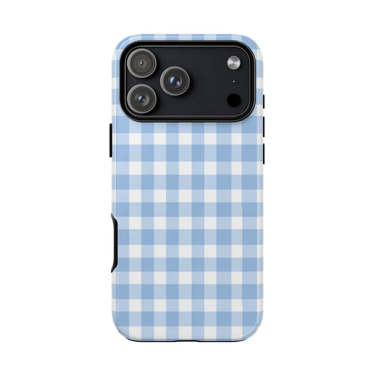 Retro blue gingham checkered phone case with wireless charging compatible design
