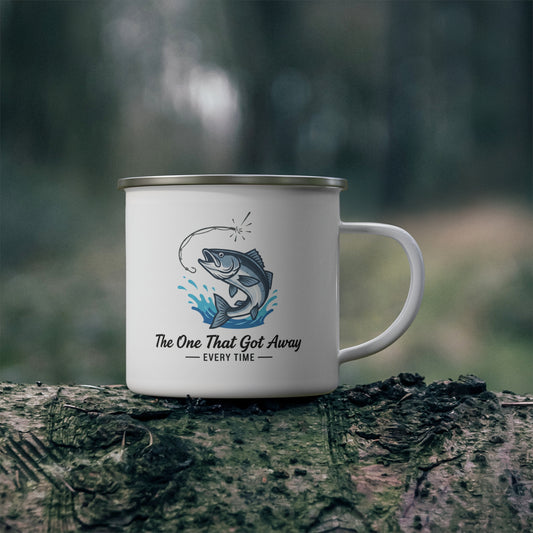 Emaille-Campingtasse „Der, der entwischte“ – Lustige Angel-Kaffeetasse