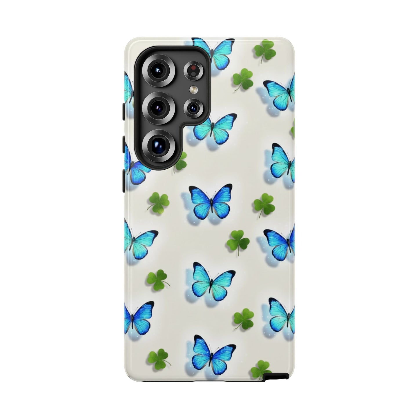 Schutzhülle für iPhone, Samsung Galaxy & Google Pixel mit Schmetterlings- & Glücksklee-Motiv — Robuste Schutzhülle mit blauem Schmetterlingsmuster