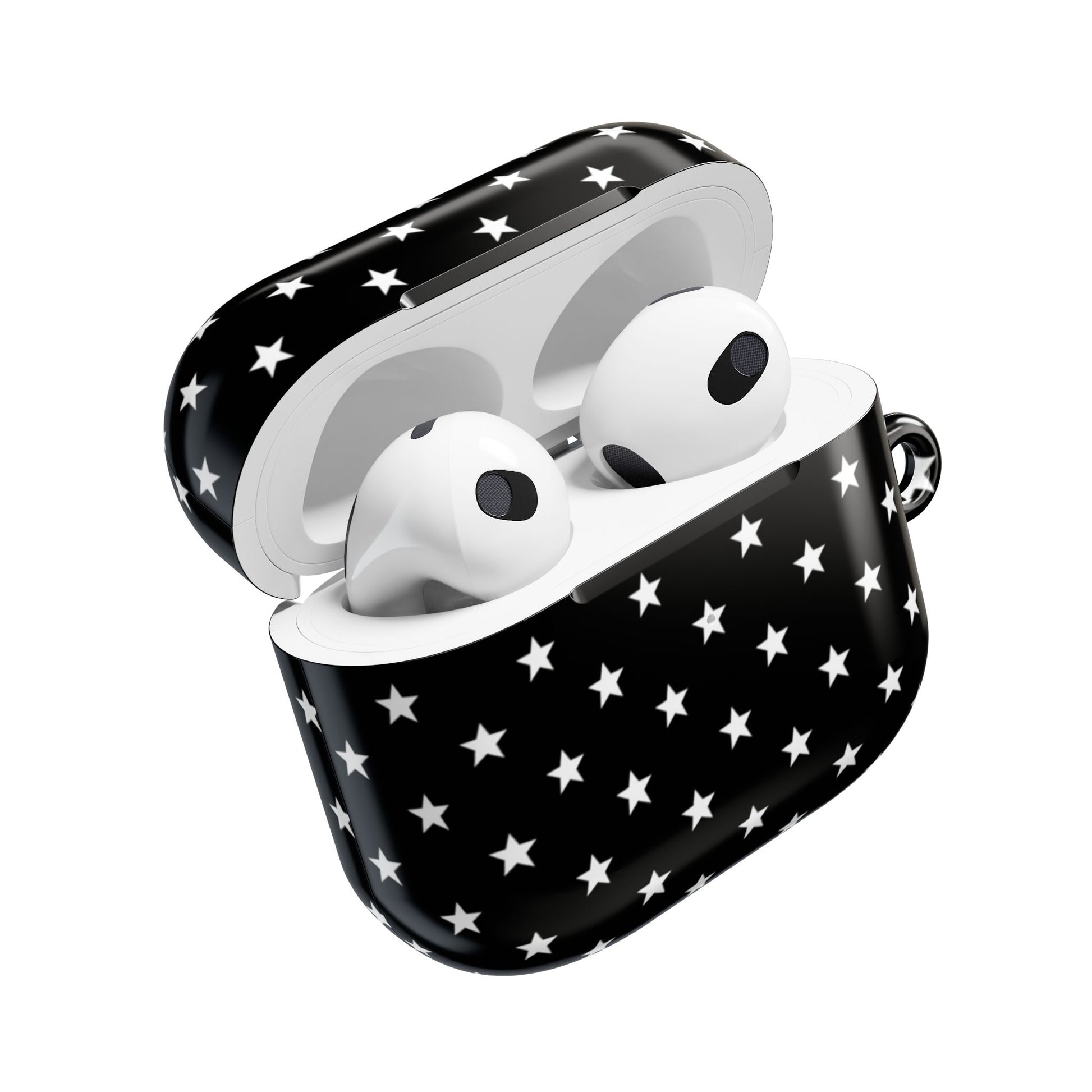 Star pattern AirPods Gen 3 protective case – celestial black white design with carabiner clip
