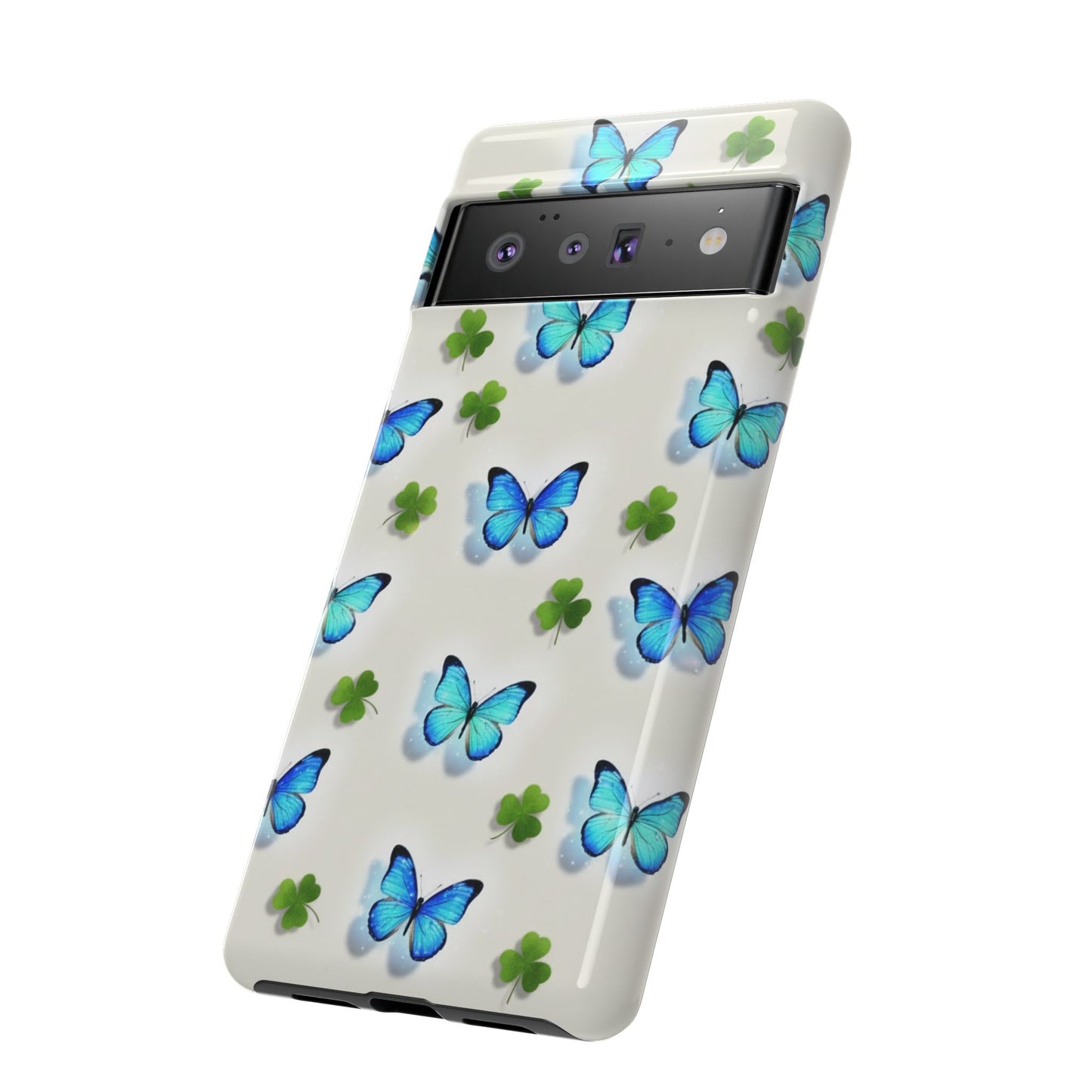 Schutzhülle für iPhone, Samsung Galaxy & Google Pixel mit Schmetterlings- & Glücksklee-Motiv — Robuste Schutzhülle mit blauem Schmetterlingsmuster