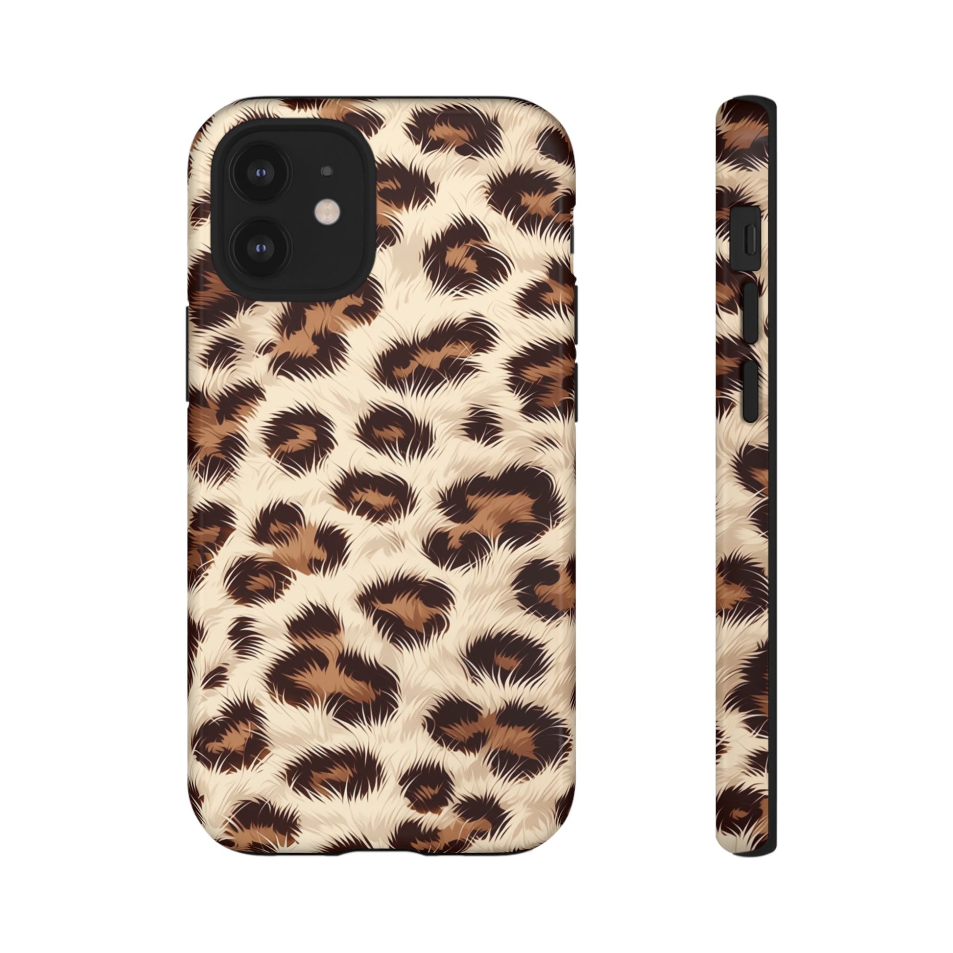 Leopard print phone case featuring polycarbonate shell and TPU liner
