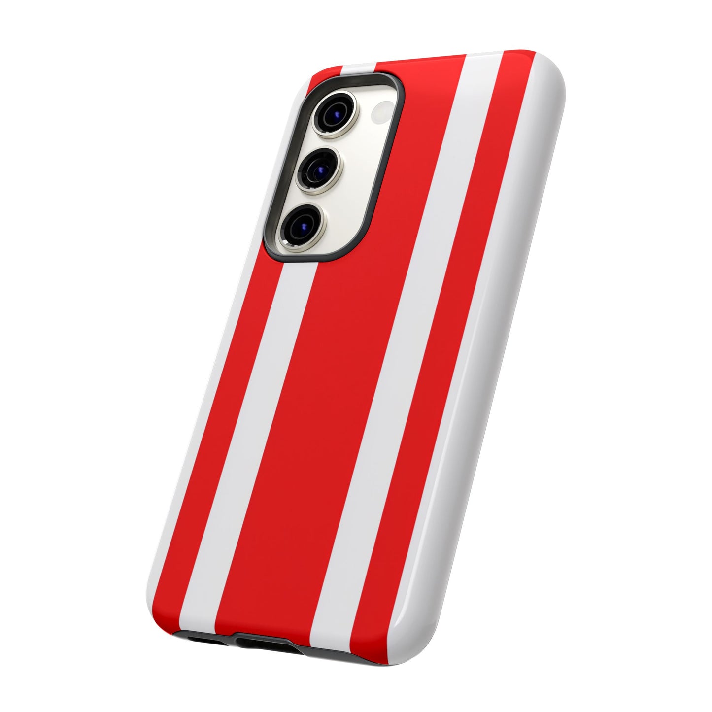 Red and white vertical racing stripes tough phone case featuring premium quality materials and bold design
