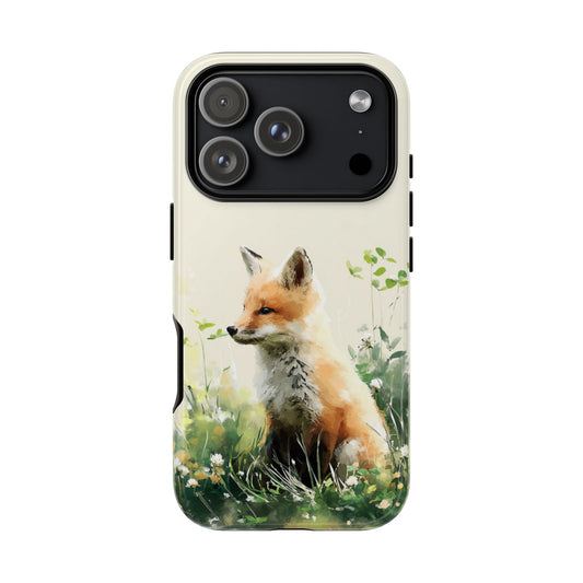 Fox in Wildflower phone case with watercolor meadow design on beige background

