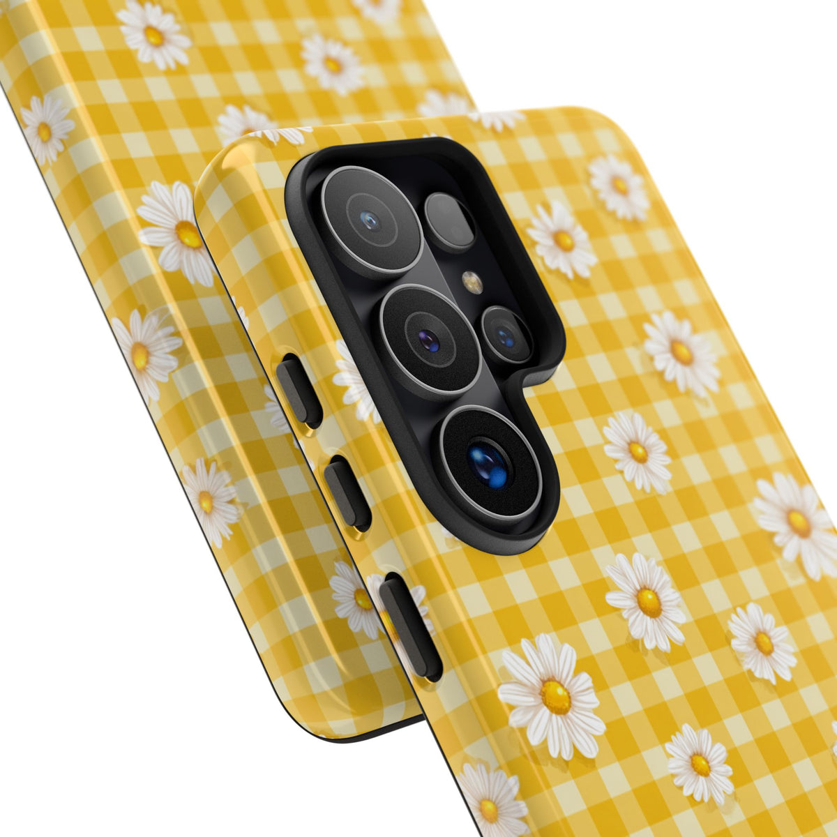 Coque de téléphone résistante à carreaux vichy Daisy - Coque de protection florale jaune style cottagecore pour iPhone, Samsung Galaxy et Google Pixel
