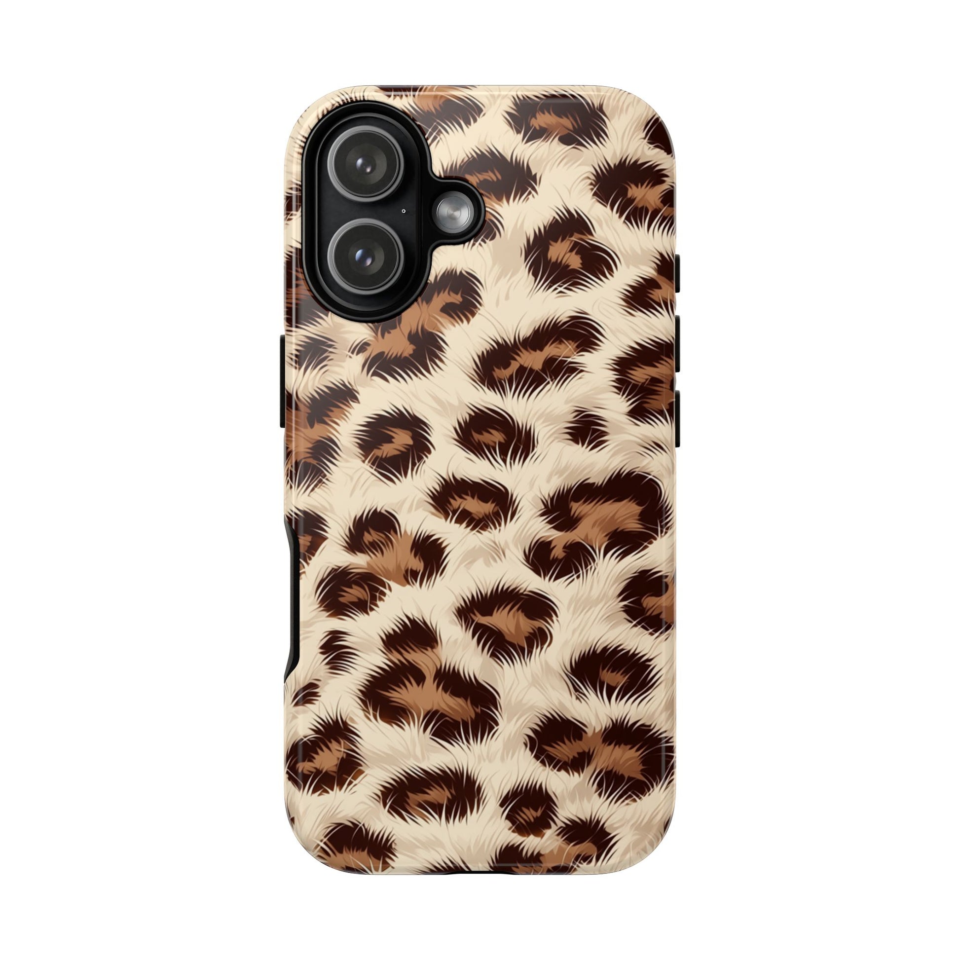 Leopard print phone case with faux fur texture - protective tough case for iPhone
