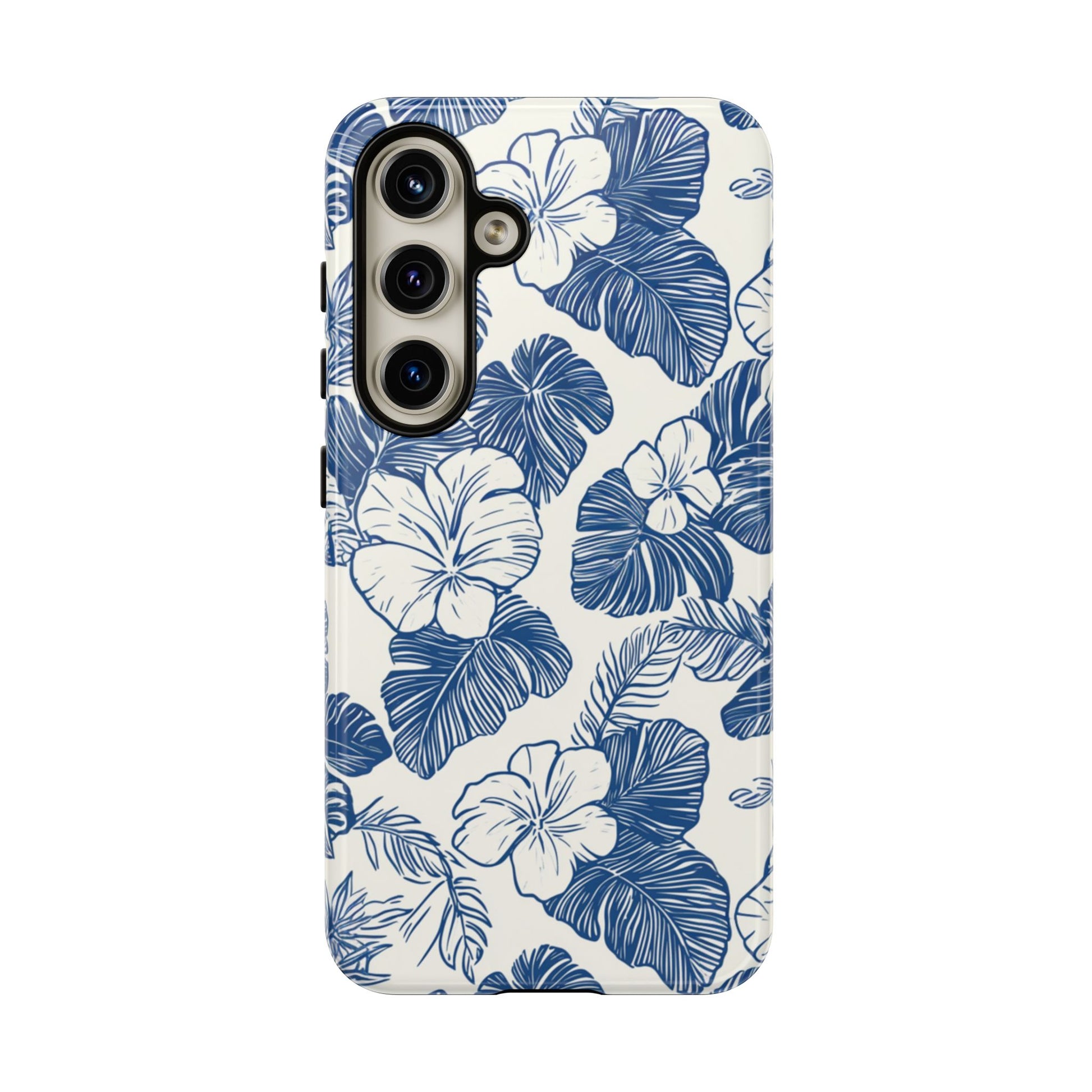 Elegant watercolor hibiscus protective case with soft blue flowers and coastal beach vibes for iPhone Samsung Pixel
