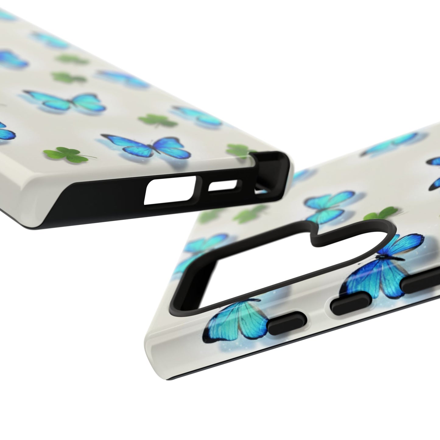 Schutzhülle für iPhone, Samsung Galaxy & Google Pixel mit Schmetterlings- & Glücksklee-Motiv — Robuste Schutzhülle mit blauem Schmetterlingsmuster