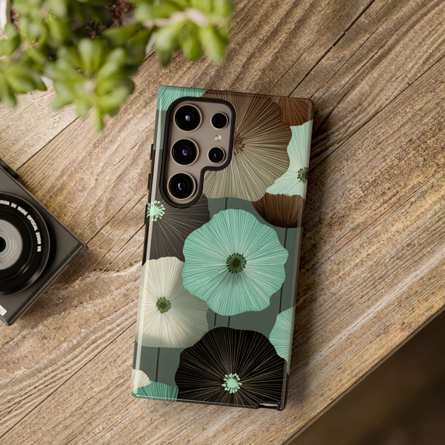 Floral Tough Phone Case - Teal & Brown Poppy Protective Cover for iPhone, Samsung Galaxy & Google Pixel