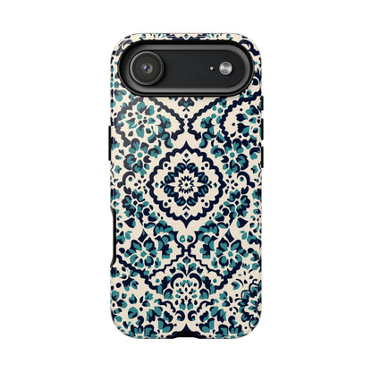 Floral Damask Phone Case - Teal Navy Watercolor Pattern on Creamy Background - Front View

