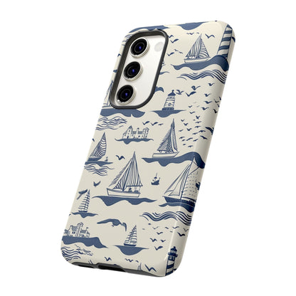 Lighthouse and sailboat phone case - Serene seaside design with wireless charging compatibility
