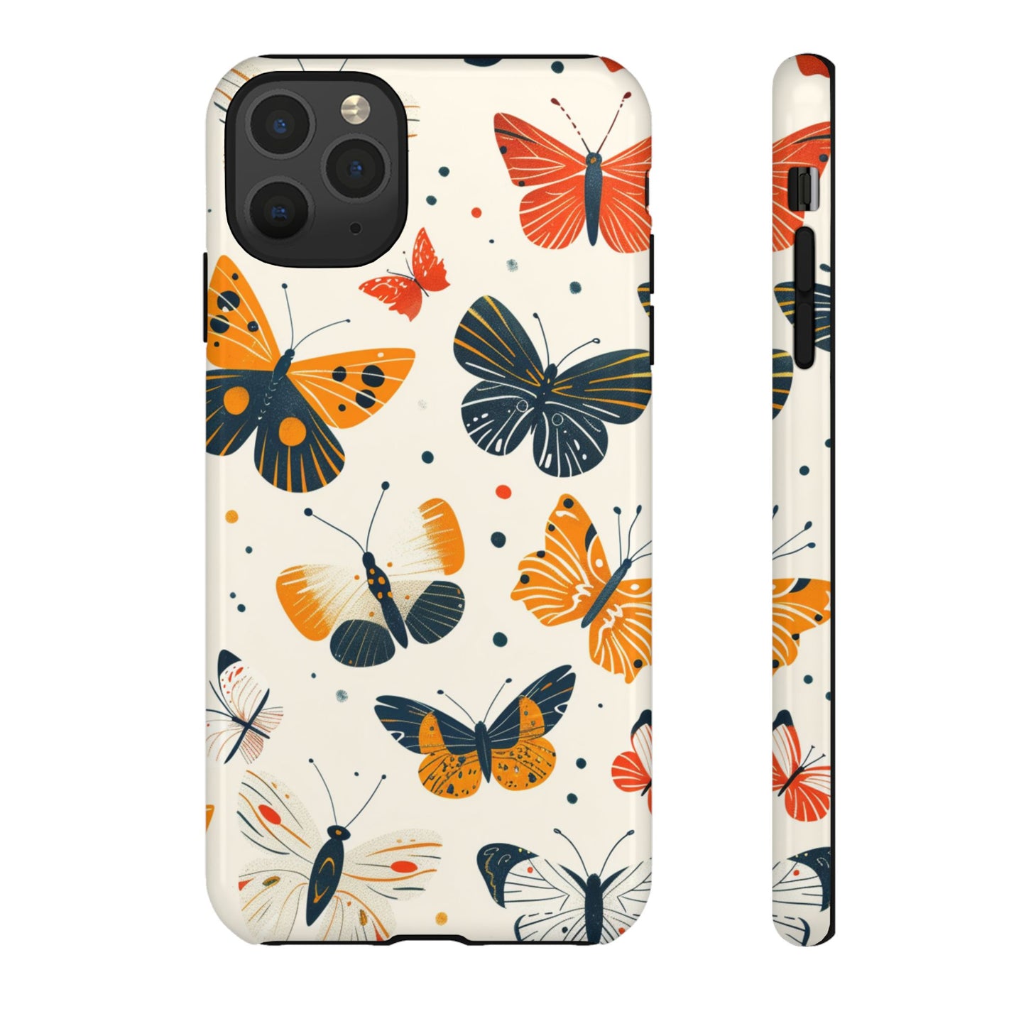 Retro cartoon butterfly phone case - vintage orange navy cream pattern tough dual-layer protection wireless charging compatible
