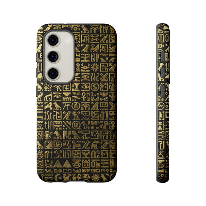 Funda resistente con jeroglíficos egipcios - Patrón de símbolos antiguos en negro y dorado para iPhone, Samsung Galaxy y Google Pixel