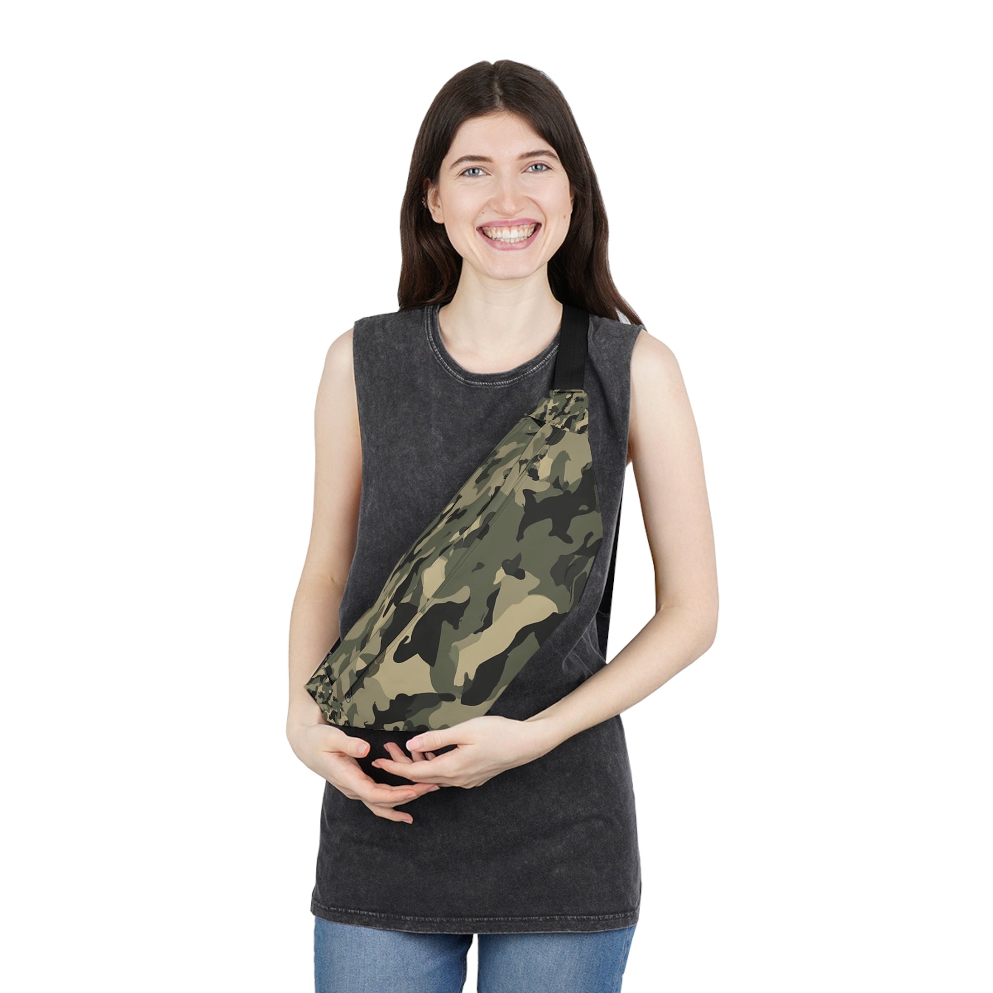 Woman wearing military green fanny pack – spacious 5-pocket camo hip bag for travel and festivals
