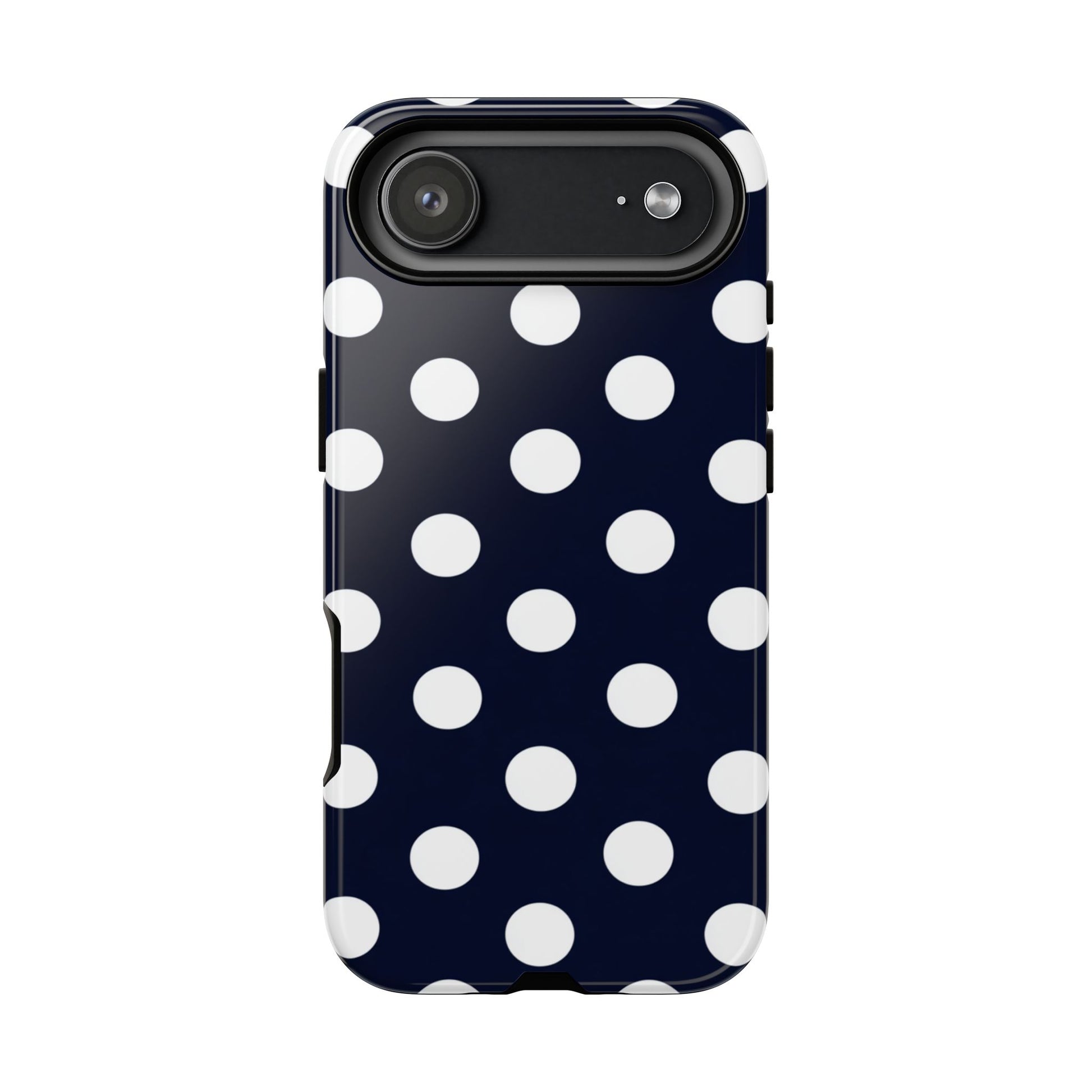 Navy polka dot phone case with classic white dots on rich blue background
