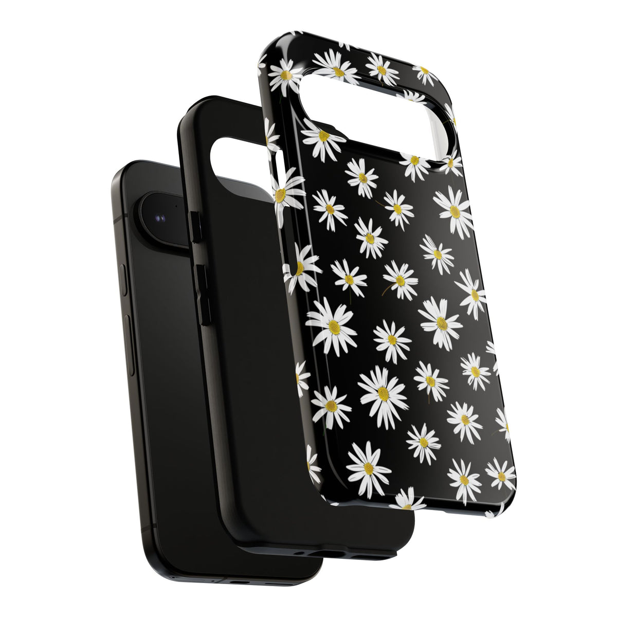 Coque de téléphone résistante à motif marguerites - Coque de protection florale noire pour iPhone, Samsung Galaxy et Google Pixel