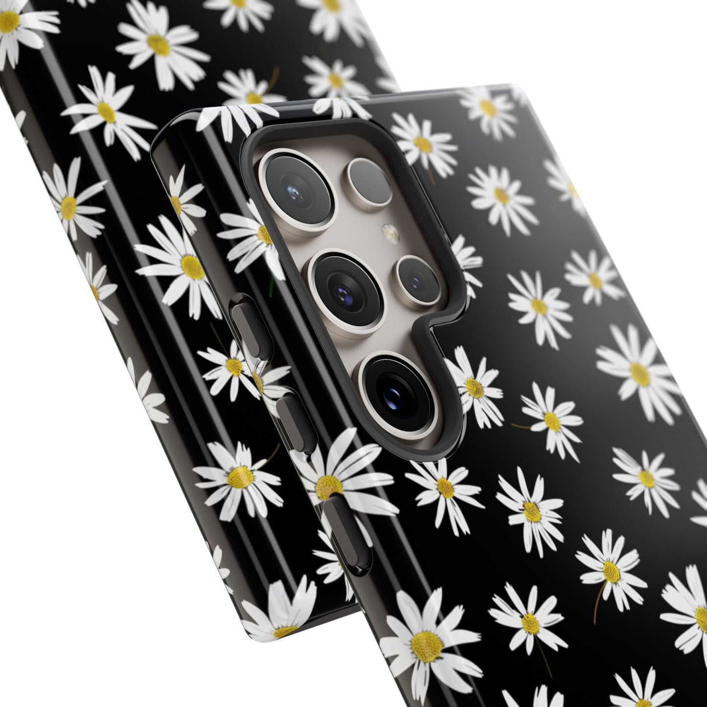 Coque de téléphone résistante à motif marguerites - Coque de protection florale noire pour iPhone, Samsung Galaxy et Google Pixel