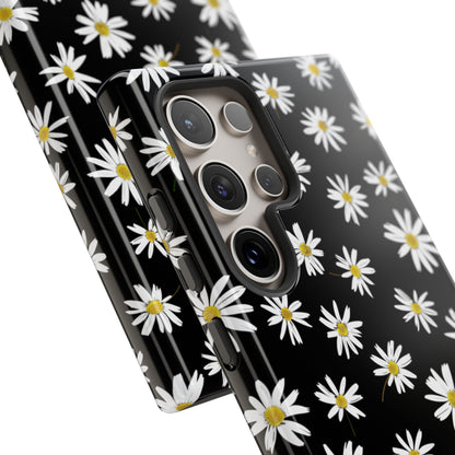 Coque de téléphone résistante à motif marguerites - Coque de protection florale noire pour iPhone, Samsung Galaxy et Google Pixel