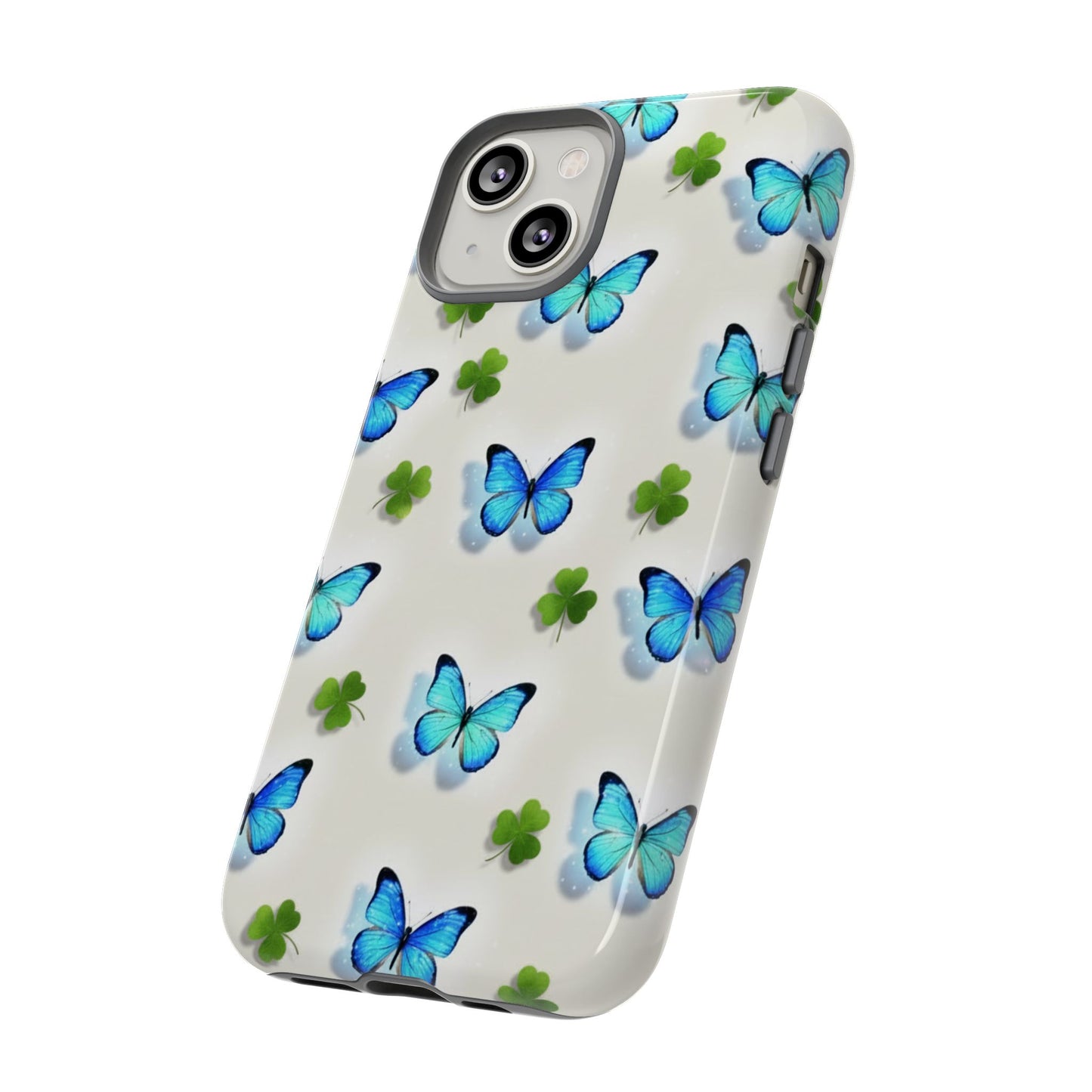 Schutzhülle für iPhone, Samsung Galaxy & Google Pixel mit Schmetterlings- & Glücksklee-Motiv — Robuste Schutzhülle mit blauem Schmetterlingsmuster