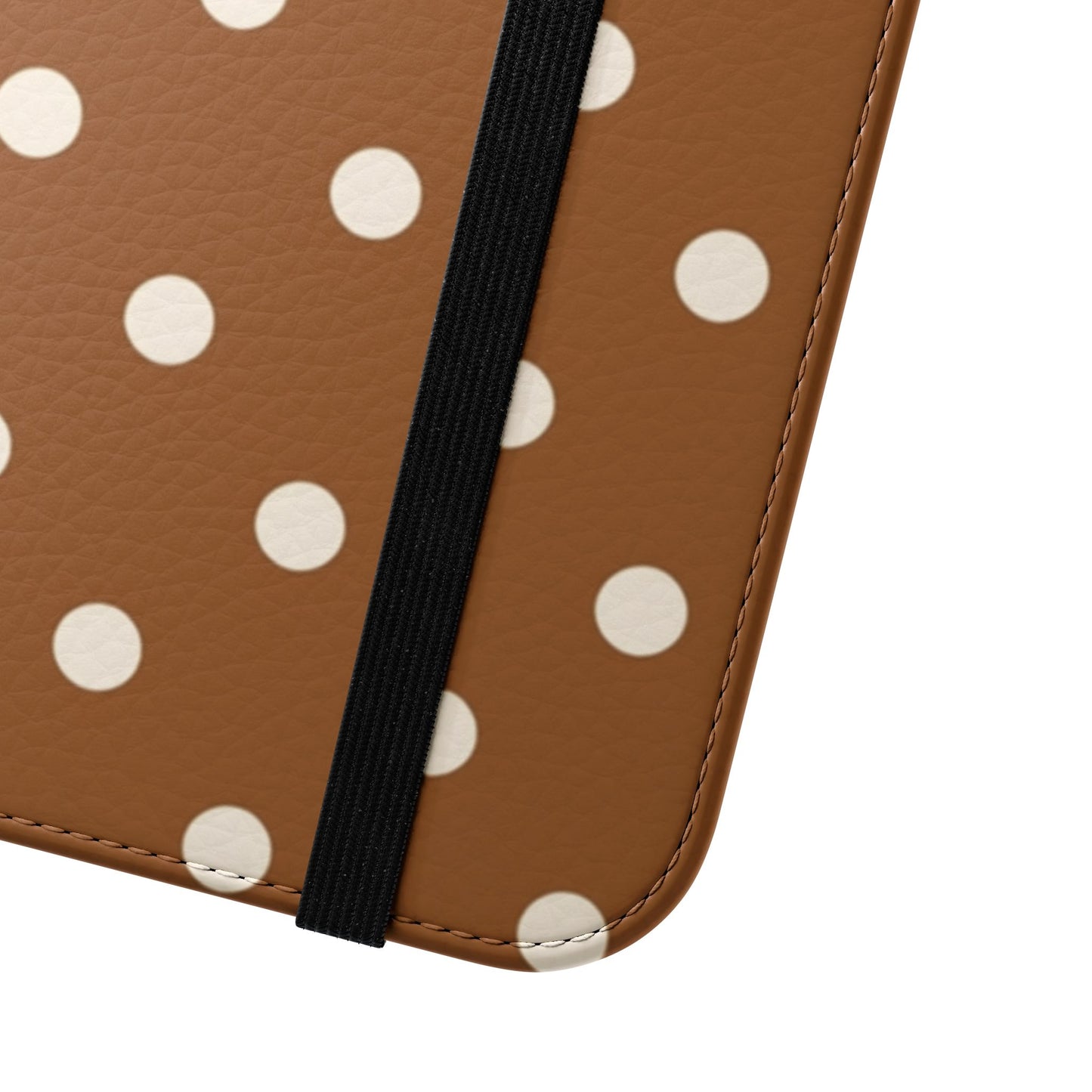 Retro caramel brown polka dot flip phone case with card slots, magnetic closure and cruelty-free faux leather finish
