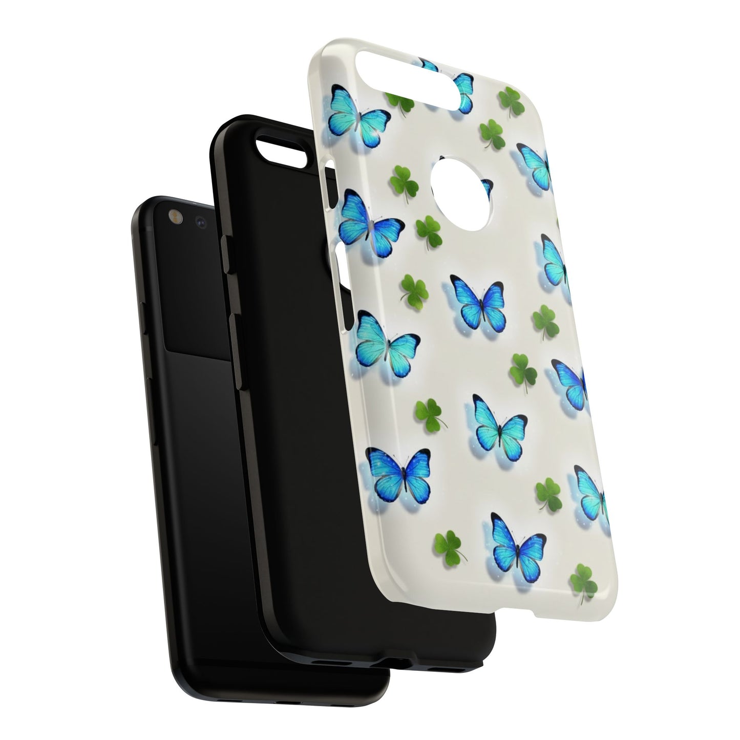 Funda protectora resistente con diseño de mariposas y trébol de la suerte para iPhone, Samsung Galaxy y Google Pixel: diseño de mariposas azules
