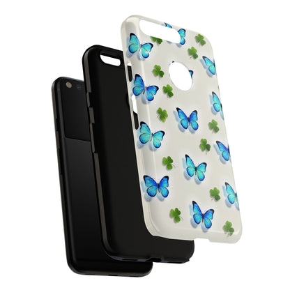 Funda protectora resistente con diseño de mariposas y trébol de la suerte para iPhone, Samsung Galaxy y Google Pixel: diseño de mariposas azules