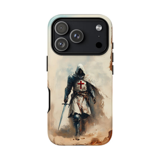 Funda para teléfono de caballero cruzado medieval con espada. Resistente y protectora para iPhone, Samsung Galaxy y Google Pixel.