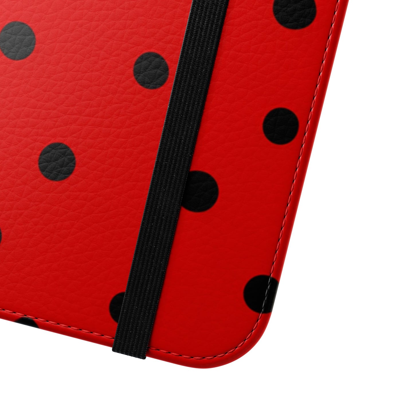 Premium red flip phone case with black dots, card pockets and hands-free stand for iPhone and Samsung Galaxy
