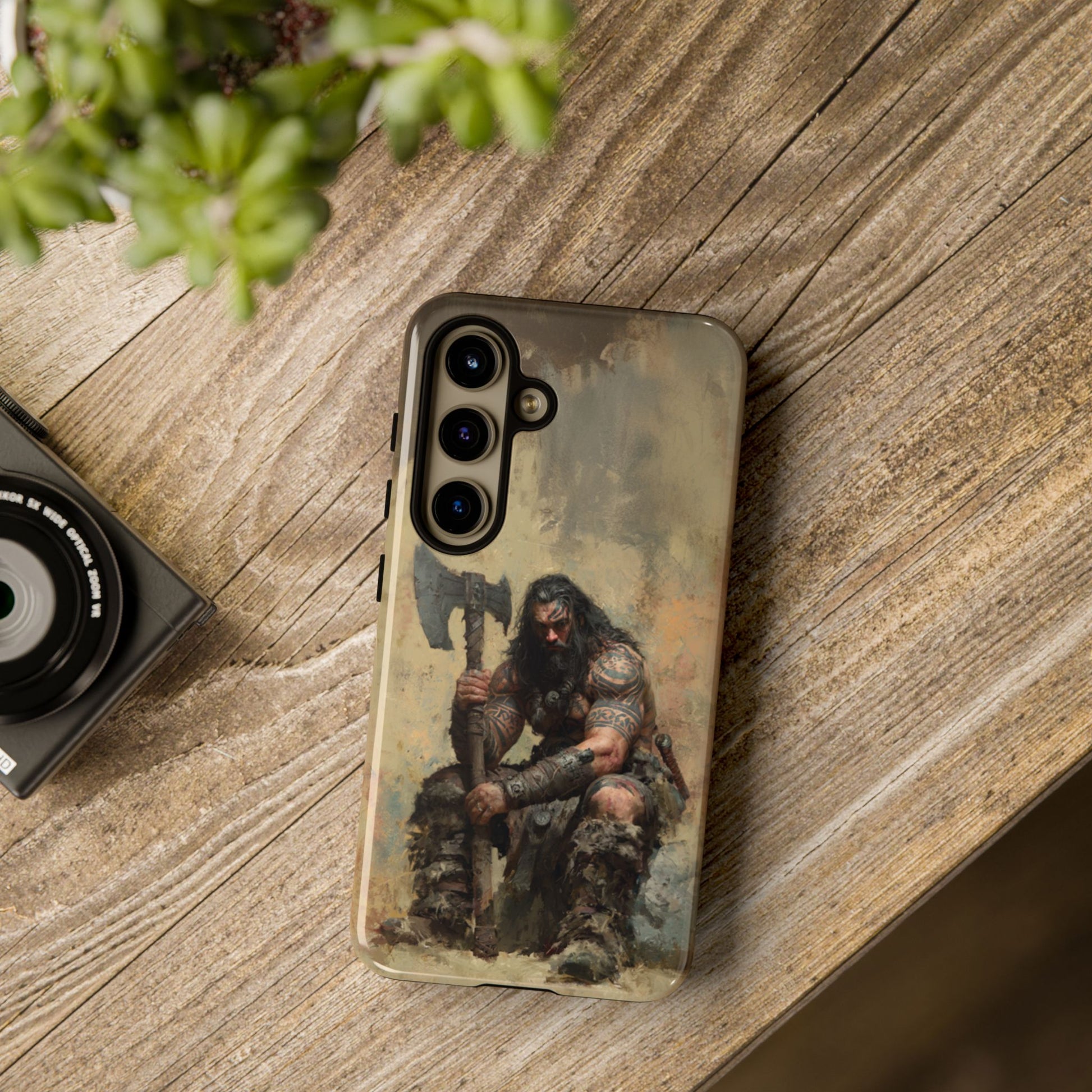 Medieval Viking warrior phone case with earthy tones

