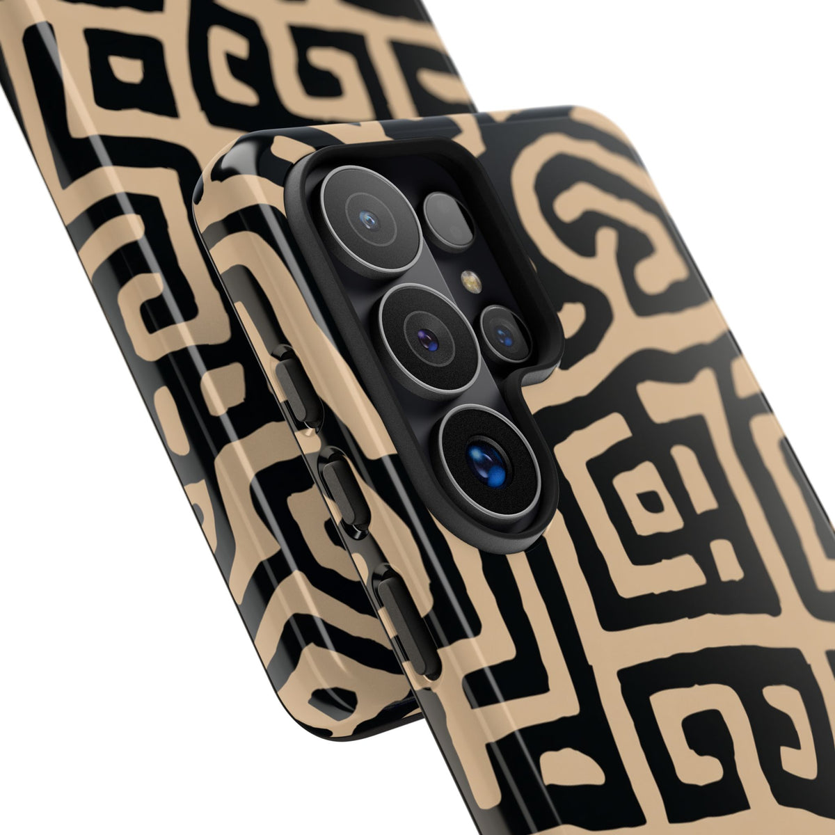 African Tribal Labyrinth Phone Case — Beige & Black Geometric Pattern Protective Cover for iPhone, Samsung Galaxy & Google Pixel